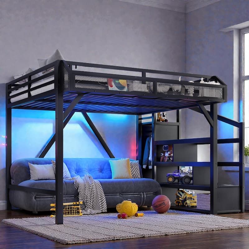 Metal Loft Bed with Storage Stairs, Built-in Wardrobe, Shelves, USB Ports, LED Lights & Noise-Reduced Frame