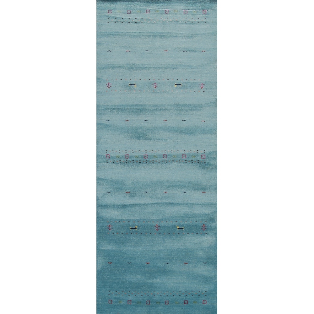 Hand Knotted Oriental 100% Wool Carpet Tribal Animal Pictorial Navy Blue & Blues Gabbeh Runner Rug - 9' 9'' X 2' 9''