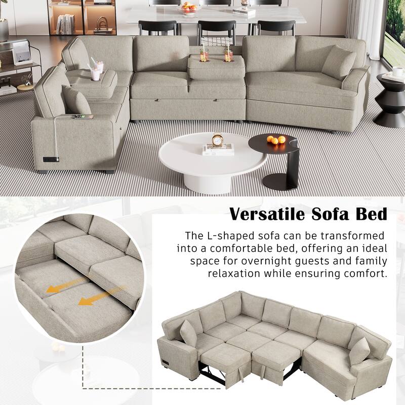 Modern 126" L-Shaped Sofa with Sleeper Bed, Cup Holders, and Power Outlets
