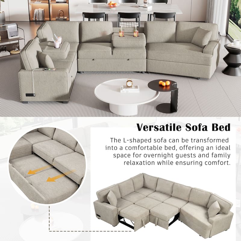 Roomfitters L-Shaped Sectional Sofa with Pull-Out Bed, Integrated Charging Devices, and Convenient Cup Holders