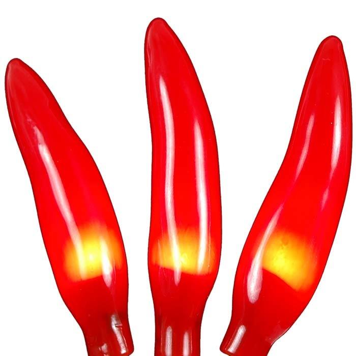35 Light Chilli Pepper Mini Light Set, Green Wire, 11' Long - Red