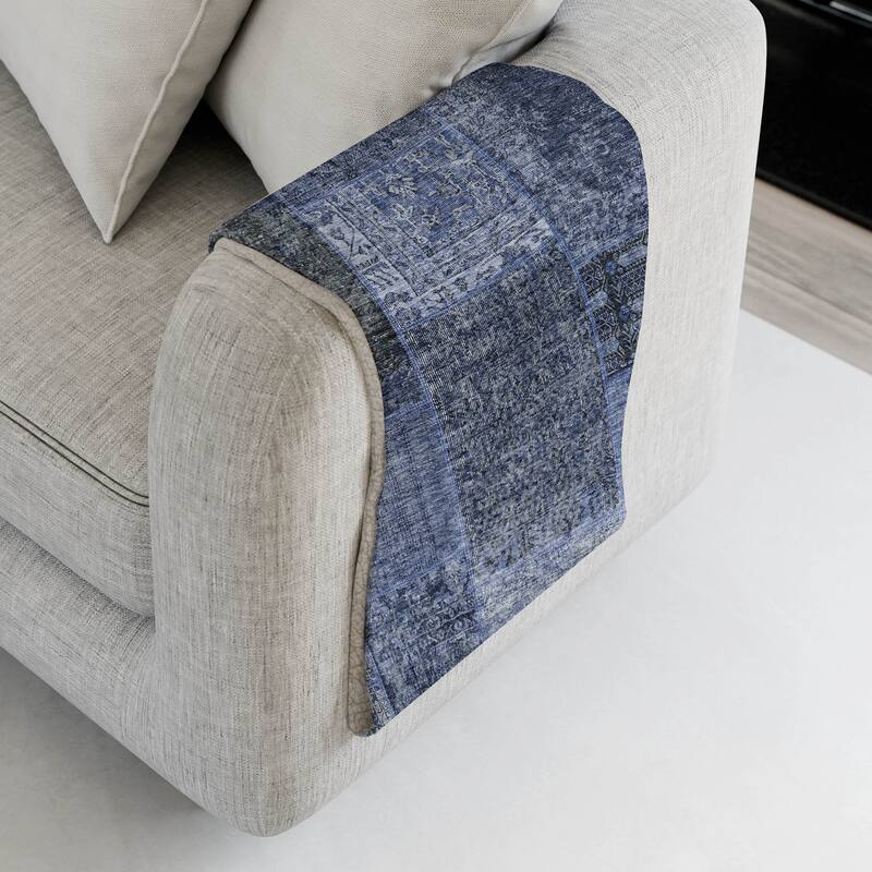 Premium Machine Washable Traditional Patchwork Sherpa Throw Blanket - Navy - 4'2" x 5'10"