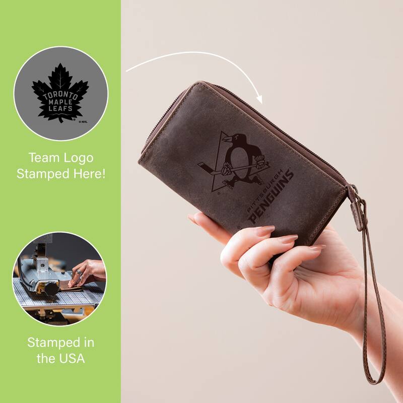 Brown Leather Cell Phone Wristlet Wallet, Toronto Maple Leafs - 4" x 7"