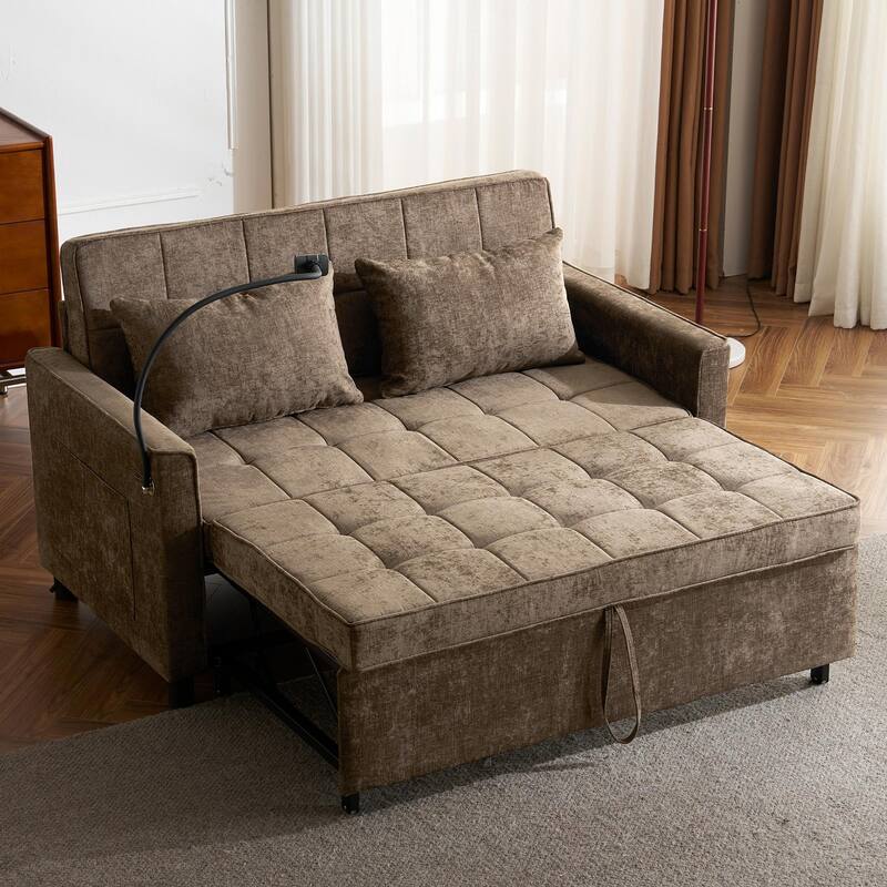 Loveseat Convertible Pull-out Sleeper Sofa Bed, with Reversible Backrest Cushion 2 USB Ports and Pockets Sleeper Couch - Brown