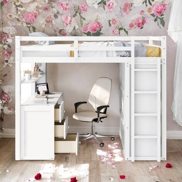 slide 2 of 39, Muti-functional Full size Loft Bed with Drawers,Desk,and Wardrobe,Solid Construction White