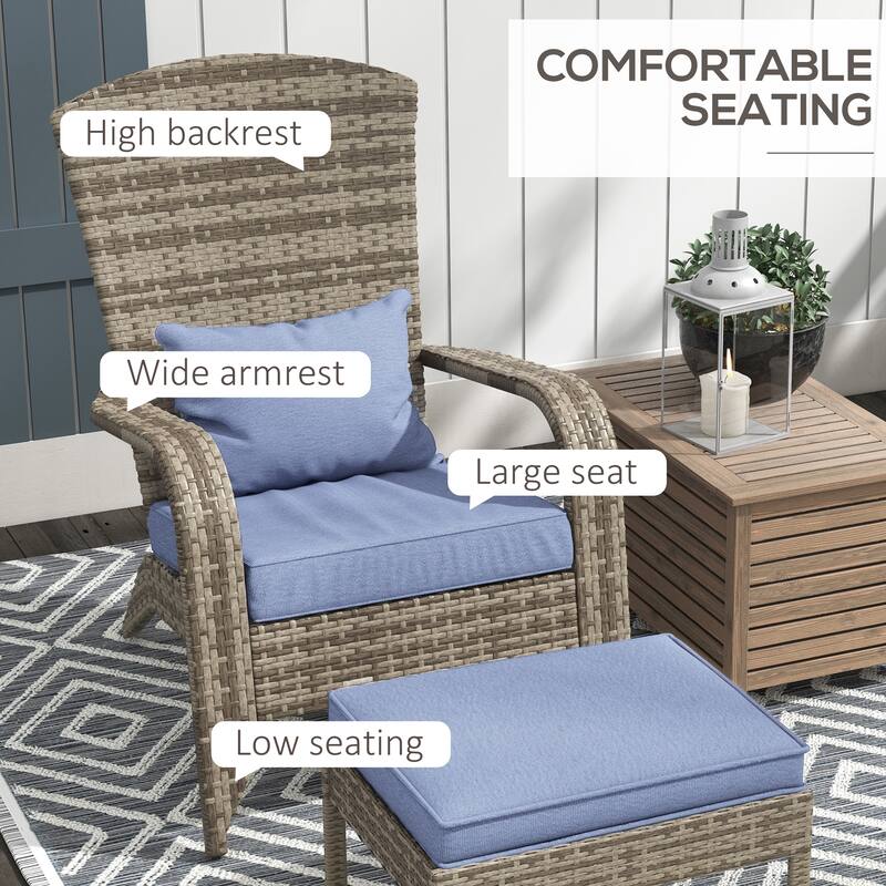 Outdoor Wicker Adirondack Chair with Ottoman, High-Back Lounge Chair with Cushions for Fire Pit, Porch, Patio