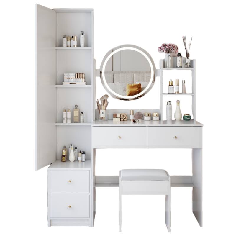Vanity Set w/ 3-Color Light, Full Body Mirror Cabinet, Cushioned Stool