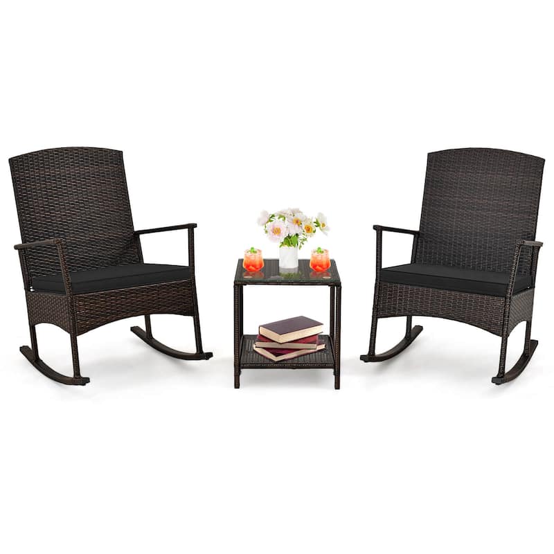 Gymax 3 PCS Rocking Set Wicker Rocking Chairs w/ 2-Tier Coffee Table
