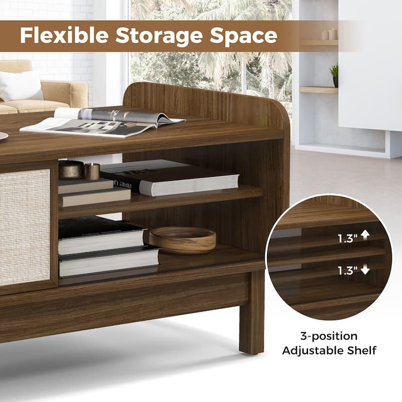 Gymax Rectangular Coffee Table w/ Storage Weaving Sliding Door &