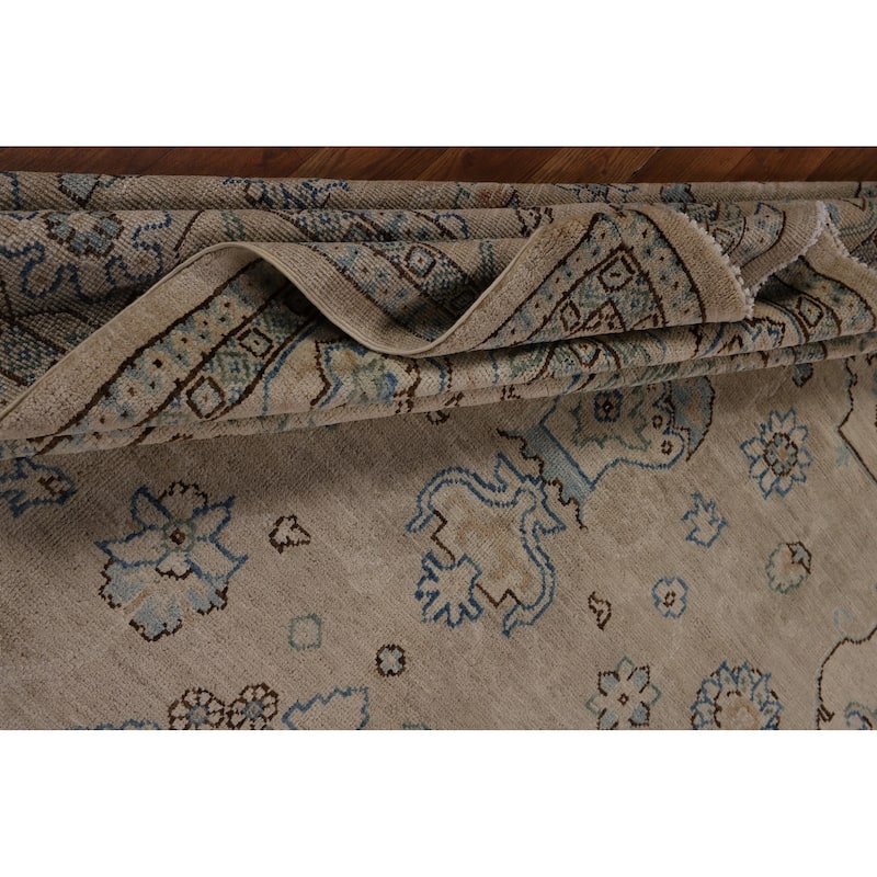 Vegetable Dye Oushak Turkish Rug Handmade Beige Floral Wool Carpet - 7'10"x 9'6"