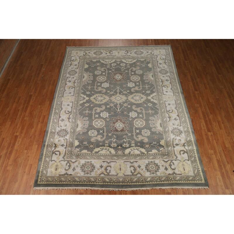 Gray Oushak Indian Area Rug Hand-Knotted Wool Carpet - 9'0"x 11'8"