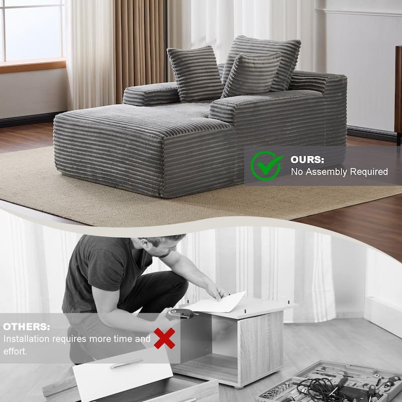 Oversized Corduroy Chaise Lounge Sleeper Sofa with 3 Pillows Wide Armrest No Assembly Grey
