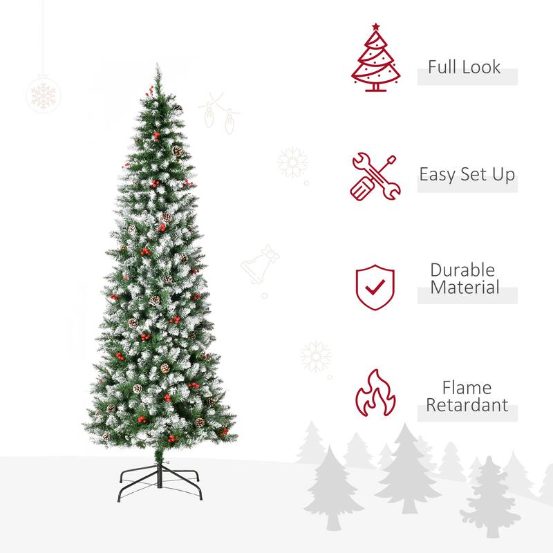 Snow-Flocked Artificial Christmas Tree with LED Lights, Pine Cones & Red Berries, 6ft, 7.5ft, 9ft