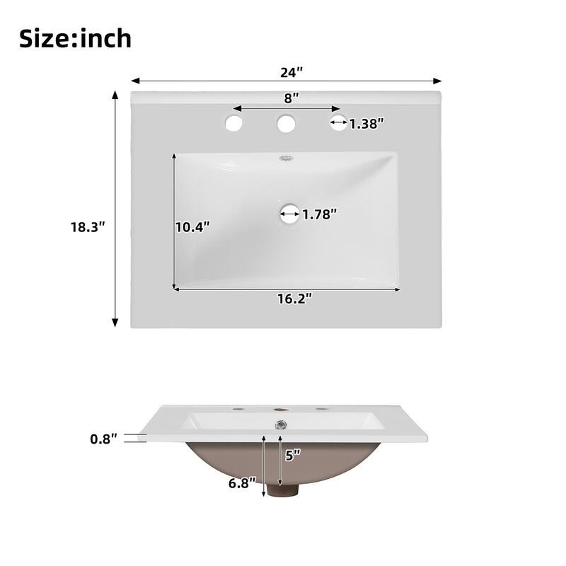 24" Bathroom Vanity with Ceramic Sink, 1 Divided Drawer and 2 Soft Close Doors