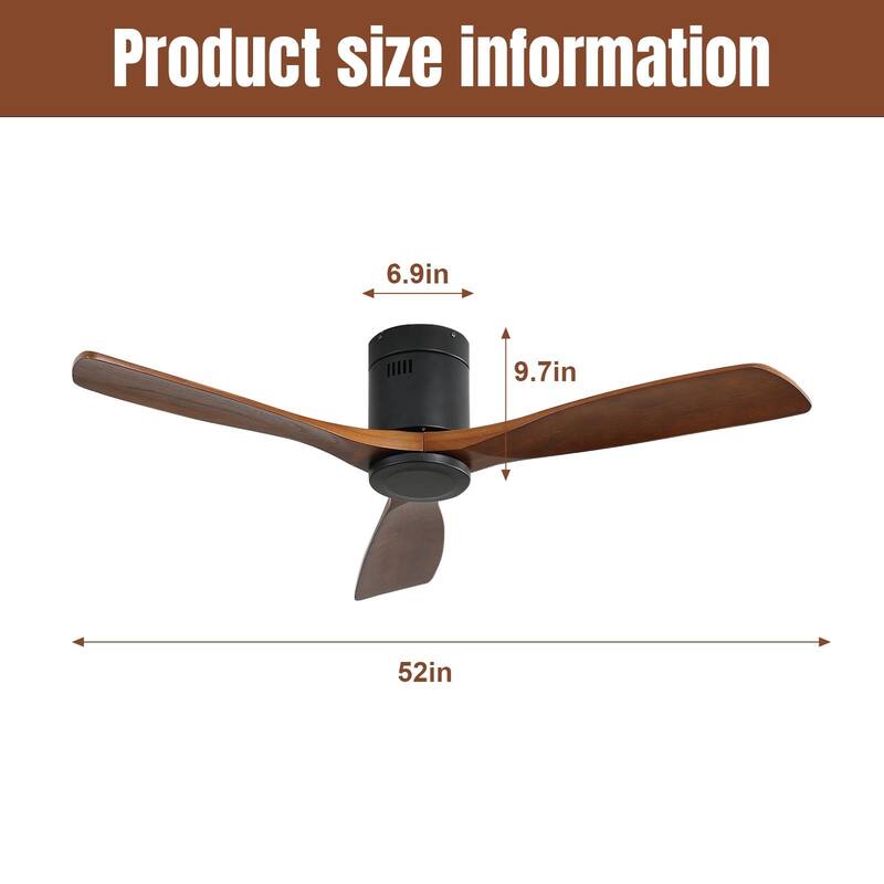 52 Inch Indoor Wooden Ceiling Fan With 3 Solid Wood Blades Remote Control Reversible DC Motor Without Light