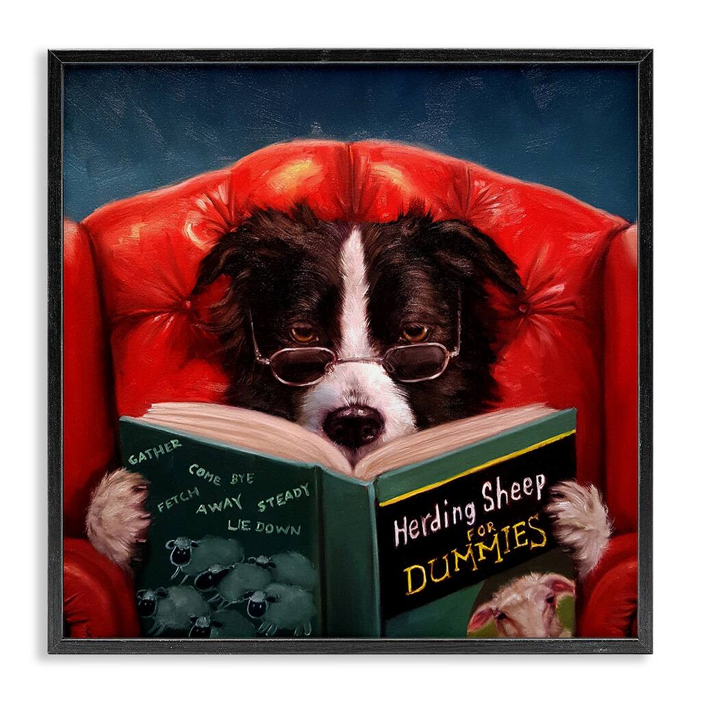 Stupell Herding Sheep Dog Reading for Dummies Funny Painting Framed Giclee Art Design By Lucia Heffernan - Multi-Color