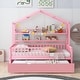 preview thumbnail 7 of 6, Pink Roof Wooden Twin Size House Bed with Trundle Kids Princess Bed with Shelf