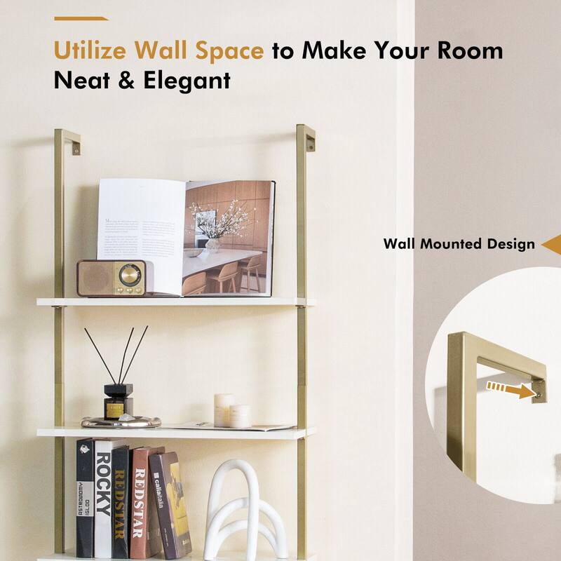 Gymax 5 Tier Ladder Shelf 71'' Open Wall-Mounted Bookcase with Golden