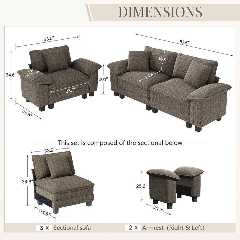 MAISON ARTS 2-Piece Living Room Sofa Set, Comfy 3/4/5-Seater Modular Loveseat & Armchair with Throw Pillows