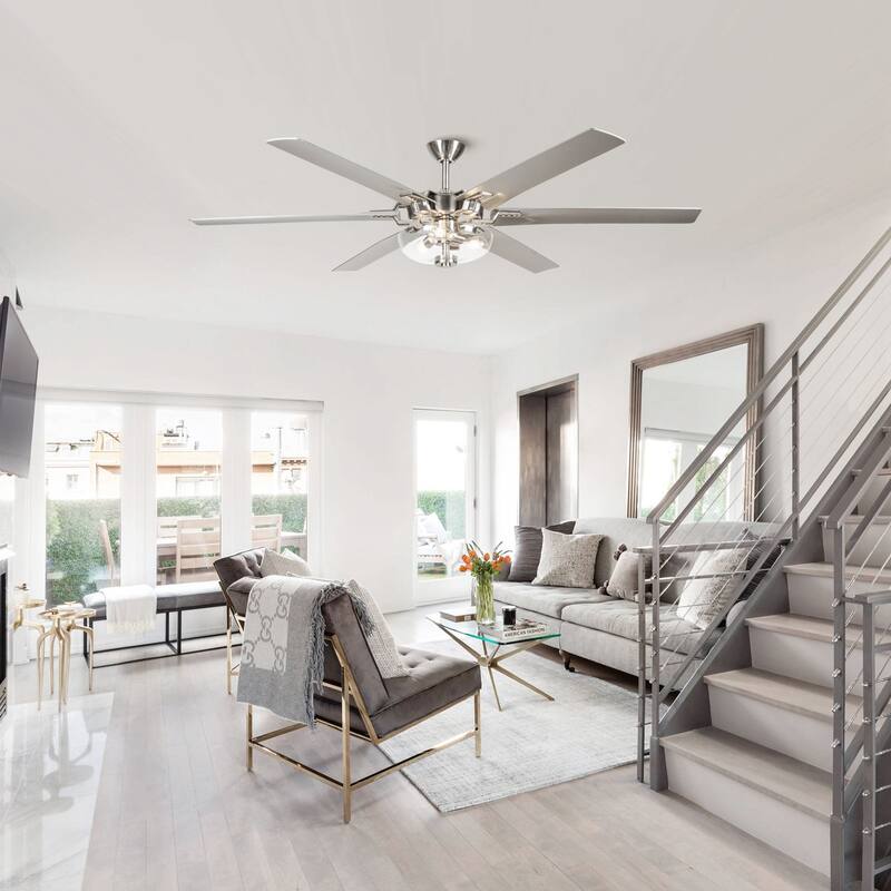 70-in Brushed Nickel Modern Downrod Mount Large Ceiling Fan with Light and Remote