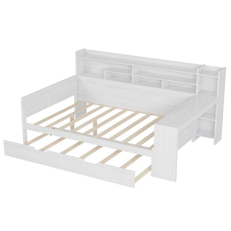 Wooden Daybed with Storage Shelves, Multi-functional Bed with Twin Size Trundle Bed and Study Desk