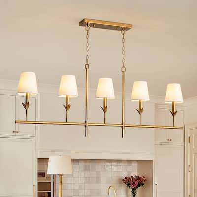 Mid-Century 5-Light Candle White Fabric Linear Island Pendant