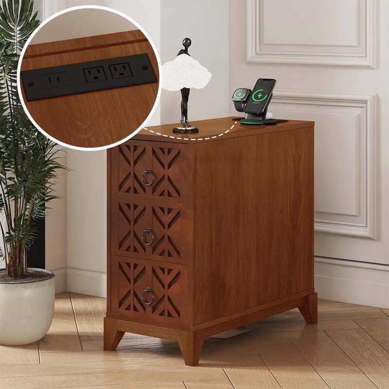Corner Table with 3 Drawers, 4 Adjustable Shelves,and Built-in Charging Station for Modern Bedrooms and Corners