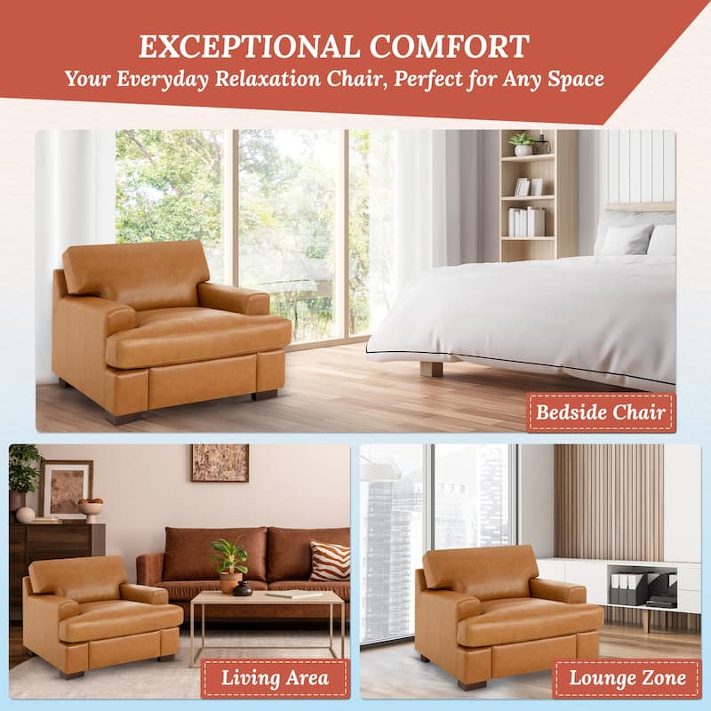 Genuine Leather Accent Chair - Luxurious Comfort Goose Feather Cushion Filling Square Arm Design Sturdy Block Legs