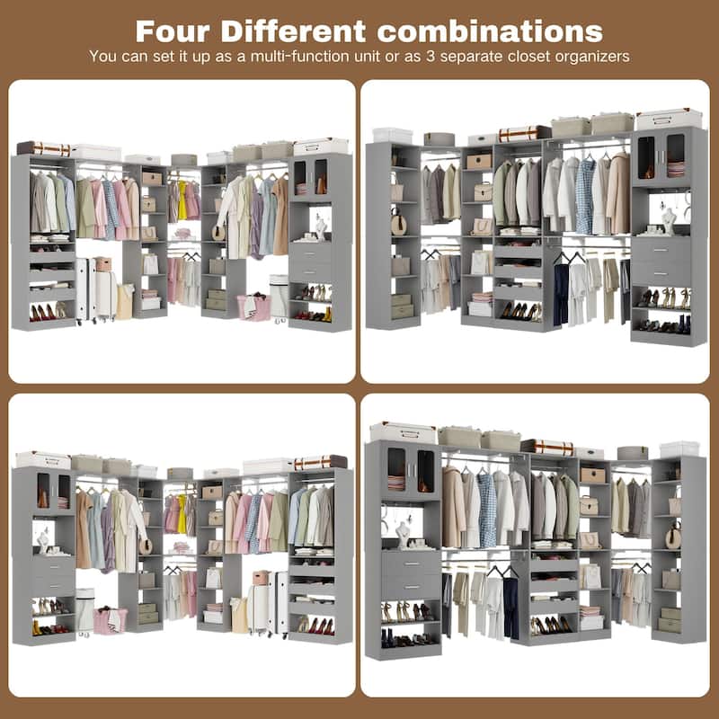 100" × 100" Closet System With Door and Wooden Drawers, Closet Organizer with 5 Hanging Rods and 20 Storage Shelves