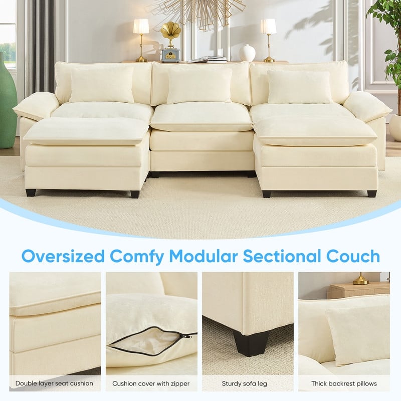 Modern 118'' U-Shaped Modular Sectional Sofa with 2 Ottomans, 5-Seat Cloud Couch, Modern Chenille Sofa Sleeper Deep Seat Couches