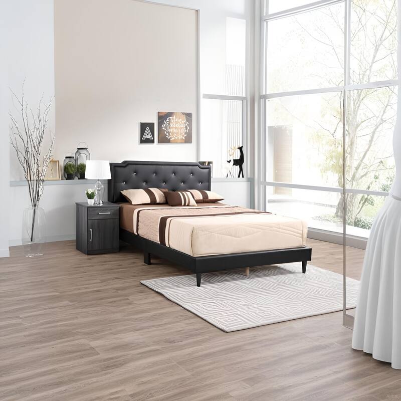 Modern Black Queen Bed with Tufted Headboard and Adjustable Height - Black