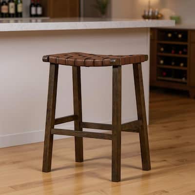 HomeRoots 30" Brown Faux Leather and Solid Wood Backless Bar Height Bar Chair