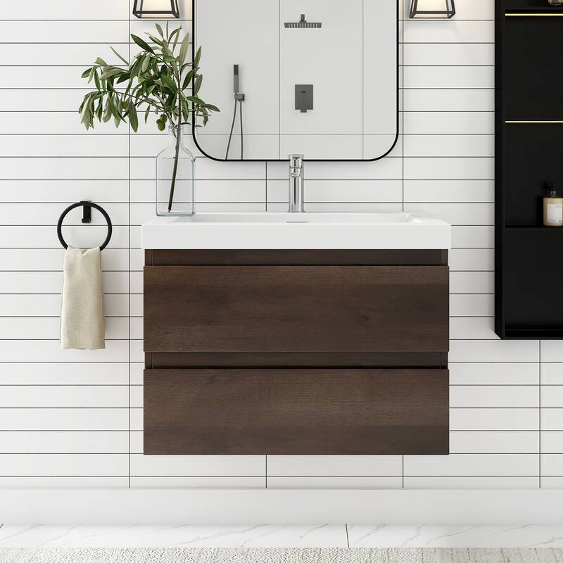Floating Bathroom Vanity with Resin Top - 23.62'' x 19.69'' x 22.44'' - Grey Oak