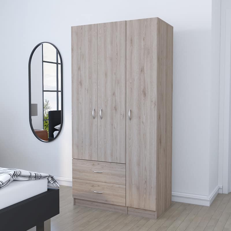 Three Door Armoire, Bedroom,Double Door Cabinet with Clothing Rod included , Light Gray