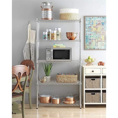 Rectangle Carbon Steel Metal Assembly 5-Shelf Storage Rack Silver