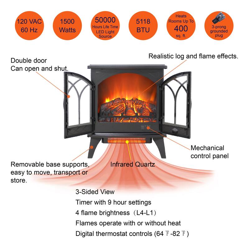 Infrared Quartz Fireplace Stove, 24 Inch 3D Flame with Remote Control - Ideal for Home & Office