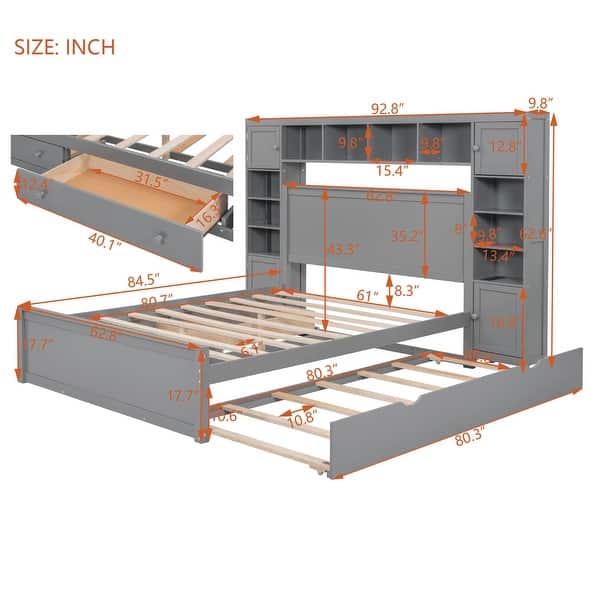 dimension image slide 4 of 6, Modern Platform Bed with Integrated Cabinet, Trundle Bed and Drawers