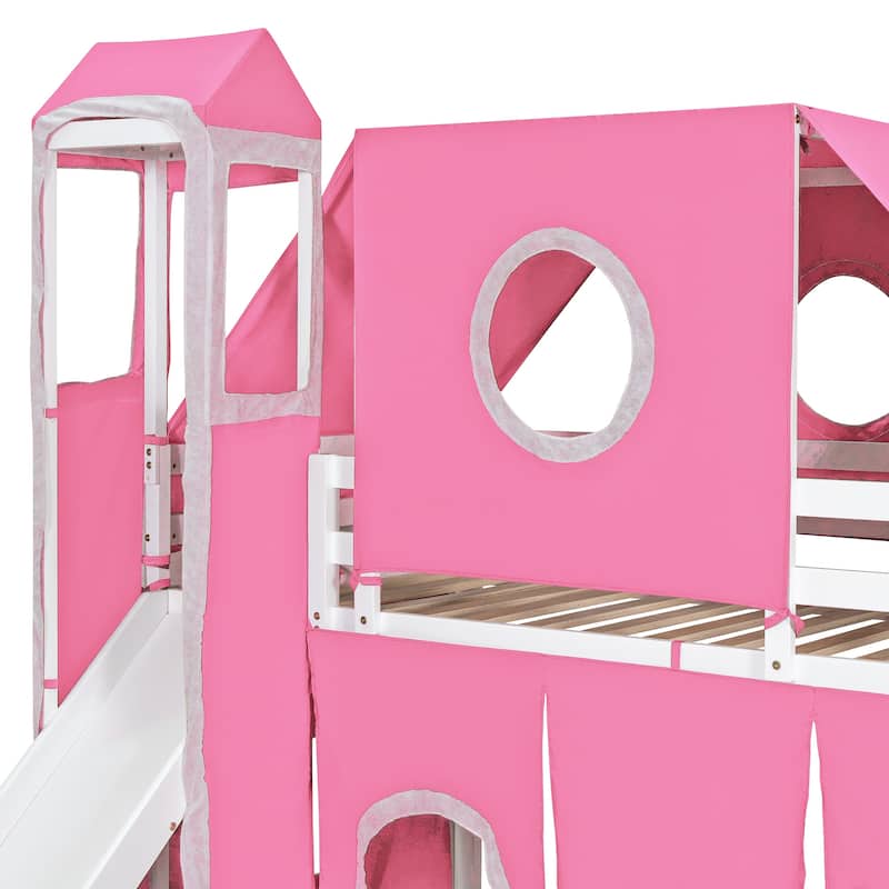 Twin/Full Size Wooden Loft Bed with Tent and Tower, Solid Pinewood High Loftbed Frame with Slide and Storage Staircase