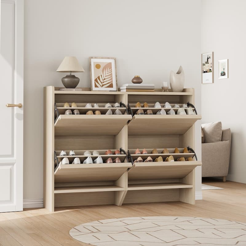Drawer Wooden Shoe Cabinet with Adjustable Shelves - Natural - 4 Drawer