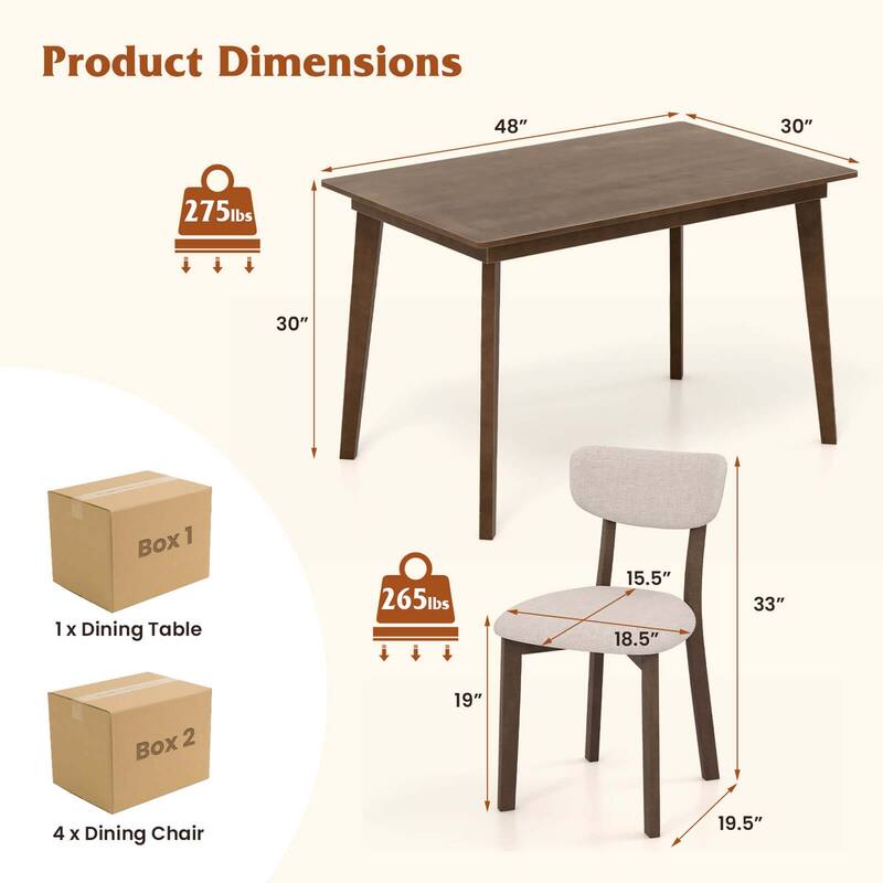 Costway 5-Piece Dining Table Set for 4 Farmhouse Wooden Table & 4