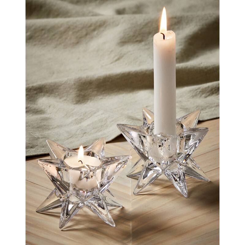 Ara Clear Glass Starburst Shape Reversible Tealight and Taper Candle Holder, 3.7L x 3.7W x 2.8H, Sold in Units of 1