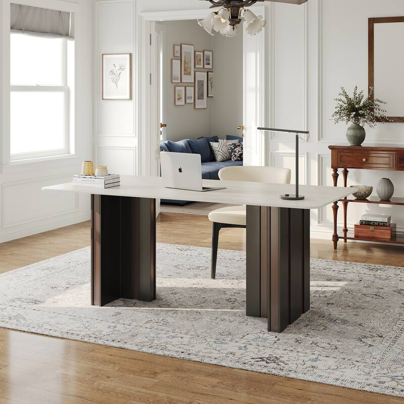63" Modern Rectangular Writing Desk, Travertine Sintered Stone Top, Stainless Steel Double Base