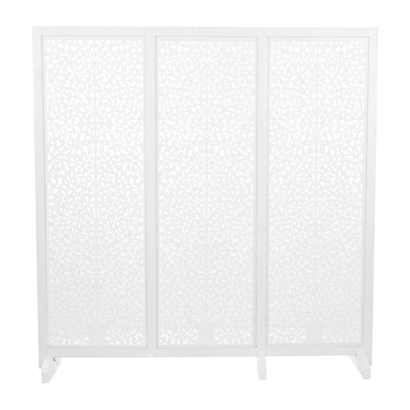 Wooden Floral Handmade Large Flat Freestanding Carved Room Divider Screen - Black - Roche River Decor