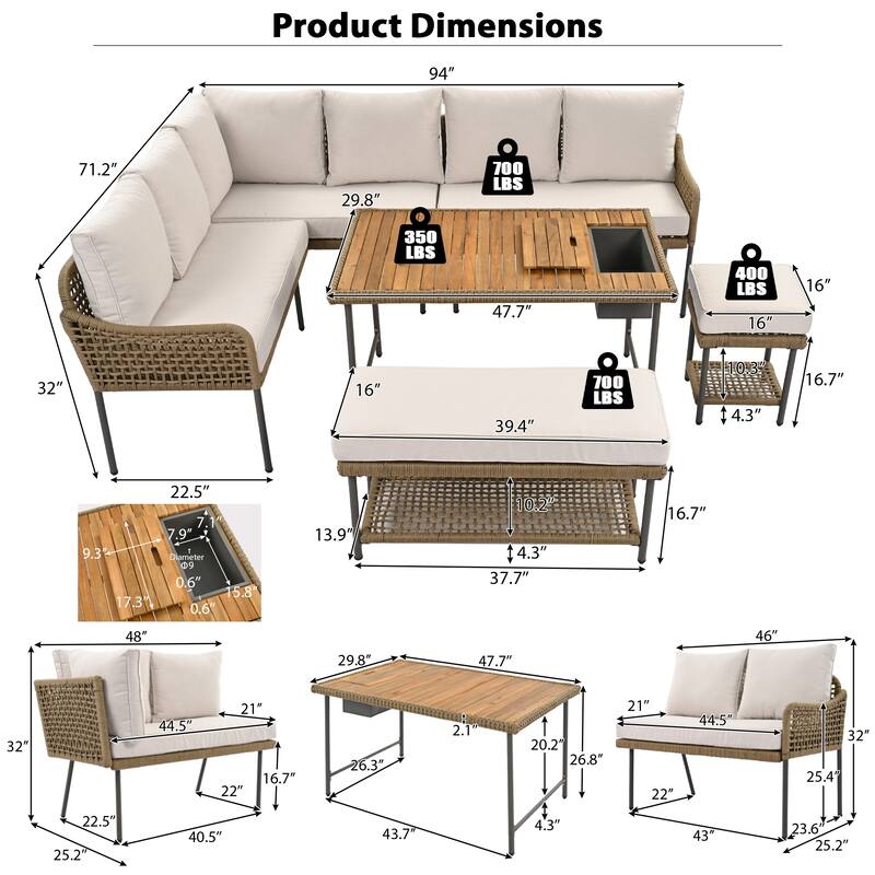 Outdoor 6-Piece Rope L-Shaped Sectional Sofa Set with Acacia Table & Ice Box