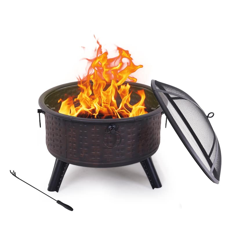 30-Inch Wood-Burning Steel Fire Pits, Round Steel Firepit for Patio Backyard Garden Outdoor Heating with Spark Screen, Poker - 26 x 26 x 23 inch 