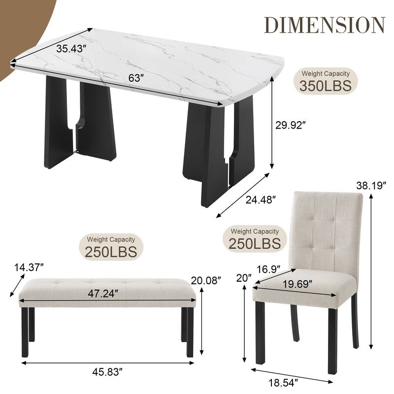 6 Piece Modern Dining Table Set, 63" Faux Marble Dining Table with Geometric Legs & 4 Upholstered Chairs & 1 Bench