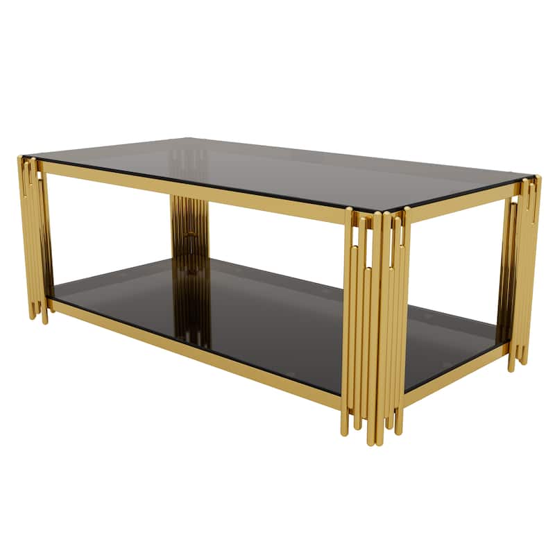 3-Piece Gold & Glass Living Room Table Set with Asymmetrical Metal Frames and Lower Shelves by Harper&Bright Designs