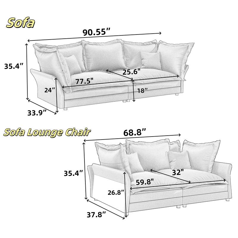 90.55" Modern Deep Seat Sofa Couches with Multiple Large Soft Pillows