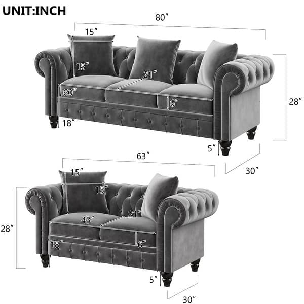 Merax 2 Pieces Classic Chesterfield Sofa Set Tufted Velvet Upholstered Loveseat 3 Seat Sofa Roll Arm 5 Pillows Included On Sale Overstock 32465887