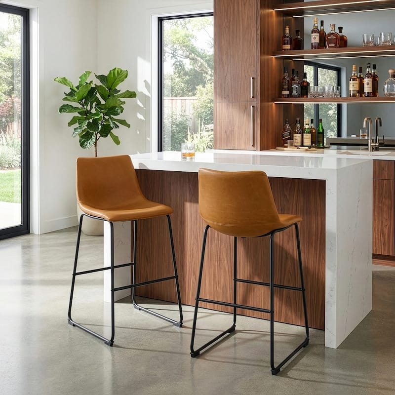 Set of 2 Adan Iron Frame Vintage Cappuccino Faux Leather Bar Stool